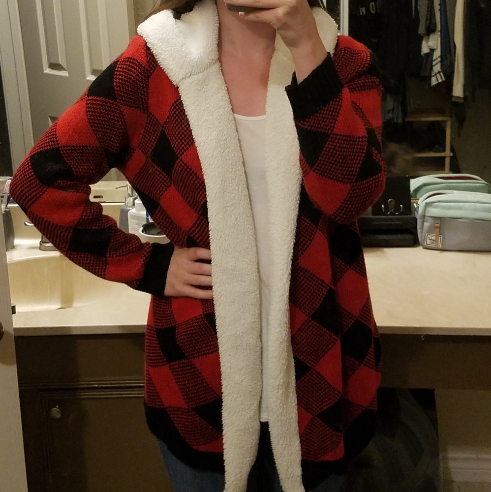 No Boundaries Red Buffalo Check Hooded Cardigan